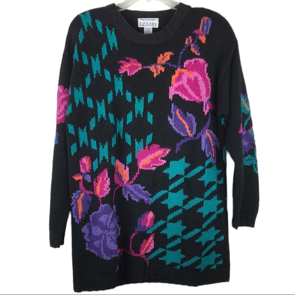 Vintage Izod Knitted by Hand Sweater Floral Stars Geometric Pattern Ramie Medium